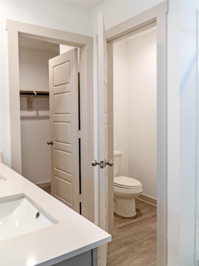 711 Boer Plains Dr, Rosharon, TX 77583 - bathroom with toilet, wood finished floors, vanity, and a walk in closet