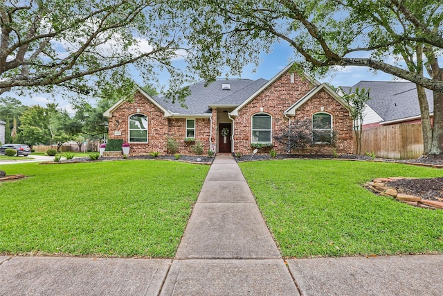 ranch-style home featuring brick siding and roof with shingles