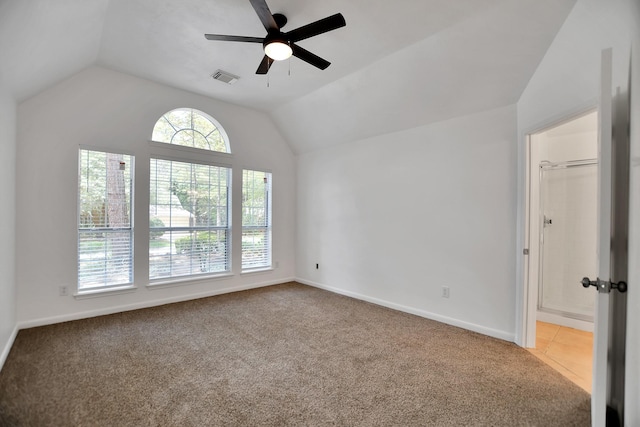 67 N Winterport Cir, The Woodlands, TX 77382 - empty room featuring lofted ceiling, carpet floors, a ceiling fan, and baseboards
