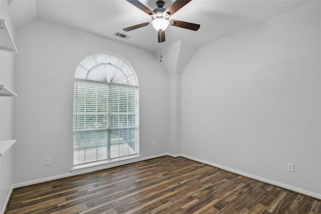 23106 Willow Canyon Dr, Katy, TX 77494 - unfurnished room with a ceiling fan, wood finished floors, vaulted ceiling, and baseboards