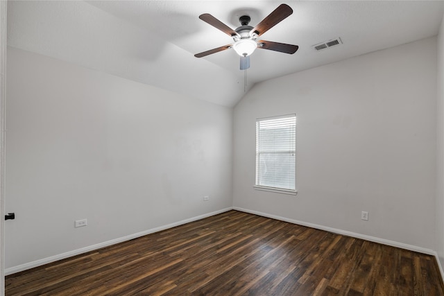23106 Willow Canyon Dr, Katy, TX 77494 - empty room featuring dark wood-style floors, ceiling fan, baseboards, and lofted ceiling