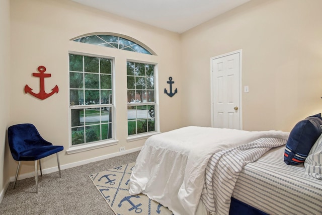 bedroom with baseboards and carpet