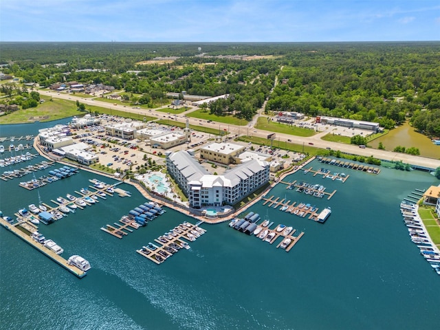 bird's eye view featuring a water view and a forest view