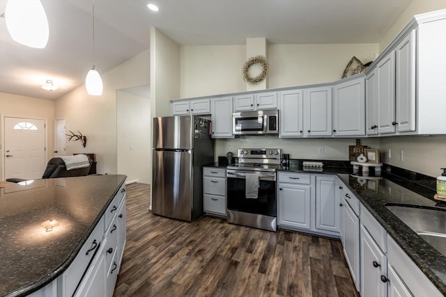 50 Canary St, Point Blank, TX 77364 - kitchen with stainless steel appliances, dark wood finished floors, vaulted ceiling, pendant lighting, and a sink