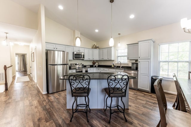 50 Canary St, Point Blank, TX 77364 - kitchen with stainless steel appliances, a sink, dark countertops, a center island, and dark wood-type flooring