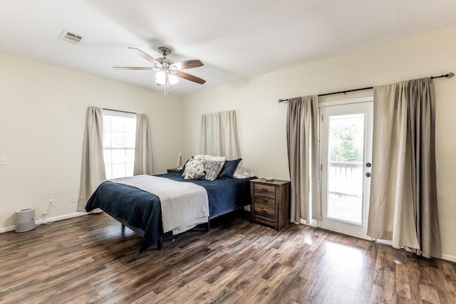 50 Canary St, Point Blank, TX 77364 - bedroom with access to outside, dark wood-type flooring, ceiling fan, and baseboards