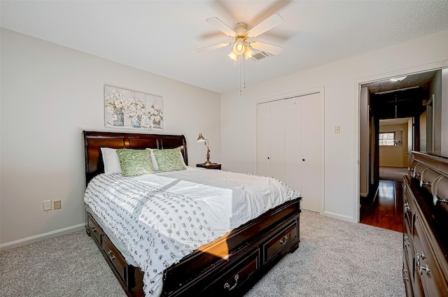 12622 Pine Bough Ln, Cypress, TX 77429 - carpeted bedroom featuring a closet, a ceiling fan, baseboards, and visible vents