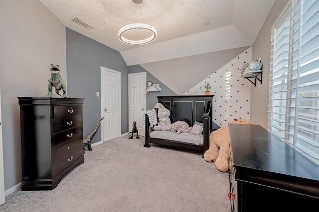 2703 Marble Brook Ln, Pearland, TX 77584 - carpeted bedroom with baseboards, lofted ceiling, and visible vents