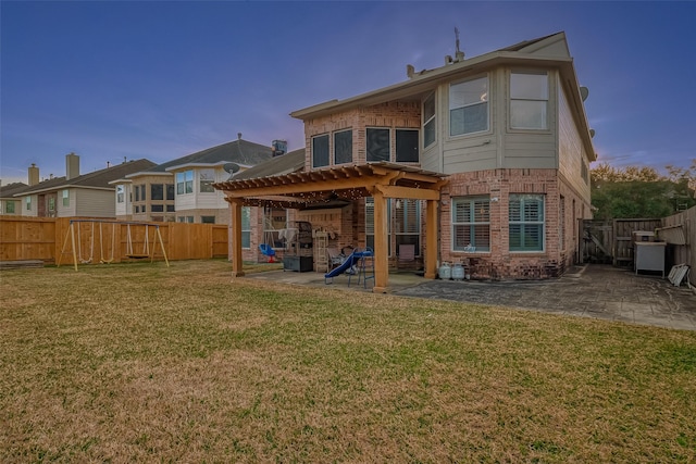 2703 Marble Brook Ln, Pearland, TX 77584 - rear view of property with a lawn, brick siding, a fenced backyard, a patio, and a pergola