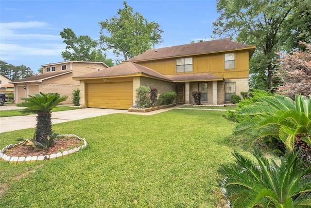 6803 Lakemont Dr, Houston, TX 77050 - view of front of home with brick siding, a garage, a front yard, and concrete driveway