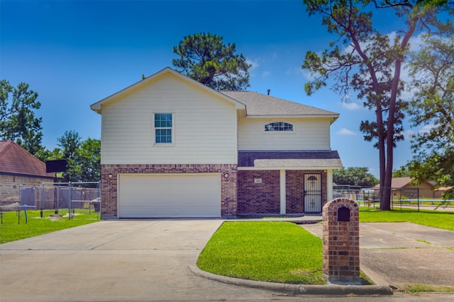 traditional-style home with a garage, concrete driveway, and brick siding