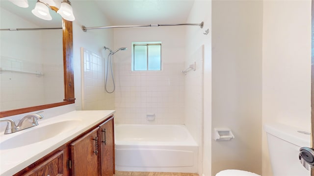 full bath with toilet, tub / shower combination, and vanity
