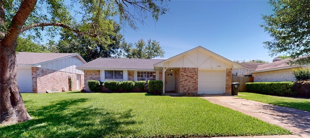 single story home with brick siding, an attached garage, driveway, and a front yard