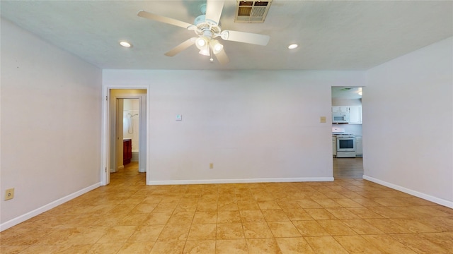empty room featuring light tile patterned floors, a ceiling fan, recessed lighting, and visible vents