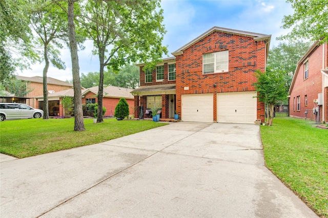 10338 E Summit Canyon Dr, Houston, TX 77095 - traditional home with concrete driveway, an attached garage, a front yard, and brick siding