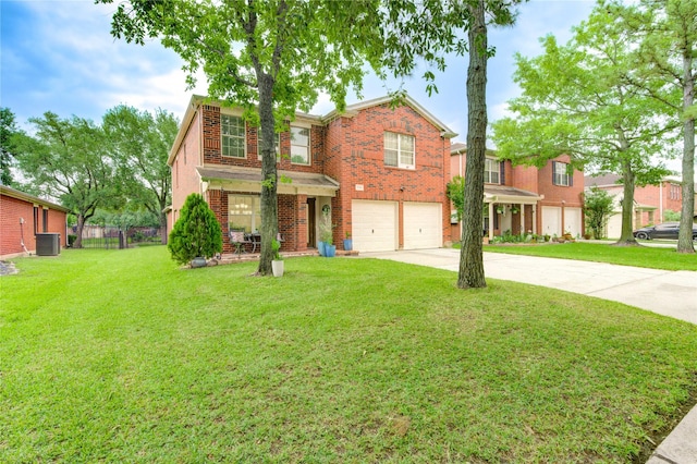 10338 E Summit Canyon Dr, Houston, TX 77095 - traditional-style house featuring an attached garage, a front lawn, brick siding, concrete driveway, and cooling unit