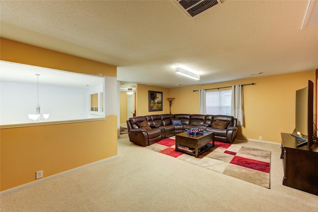 10338 E Summit Canyon Dr, Houston, TX 77095 - carpeted living area featuring visible vents, a textured ceiling, and baseboards
