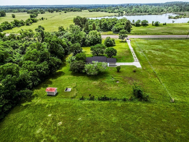 aerial view featuring a water view and a rural view