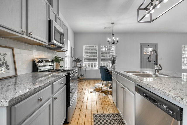 kitchen featuring a sink, light wood-style floors, a chandelier, stainless steel appliances, and tasteful backsplash
