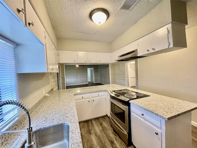1827 Neuman St, La Marque, TX 77568 - kitchen featuring electric range, a textured ceiling, a sink, under cabinet range hood, and dark wood-type flooring