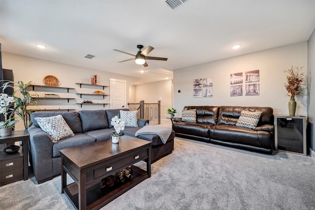 carpeted living room featuring recessed lighting, ceiling fan, and visible vents