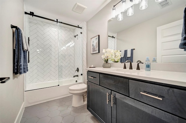 bathroom with tile patterned flooring, enclosed tub / shower combo, toilet, and visible vents