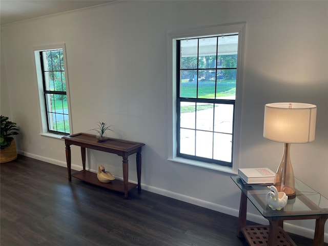 living area with dark wood finished floors, baseboards, and crown molding