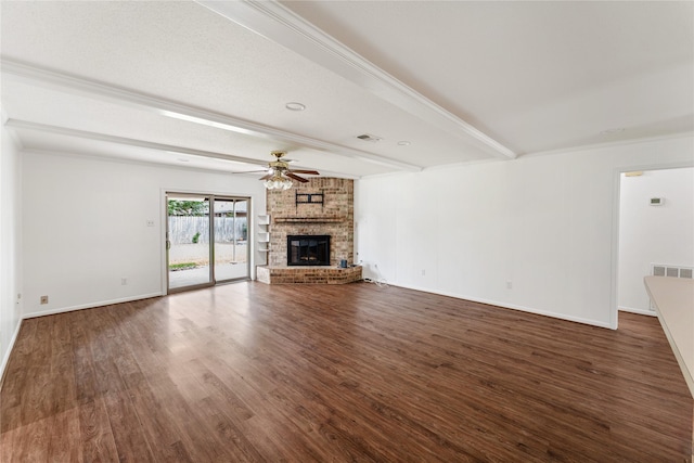 7226 Brook Stone Dr, Houston, TX 77040 - unfurnished living room with a fireplace, a ceiling fan, wood finished floors, and visible vents