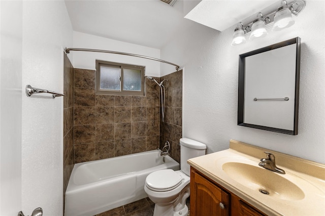 7226 Brook Stone Dr, Houston, TX 77040 - bathroom with vanity, visible vents, toilet, shower / bathing tub combination, and a skylight
