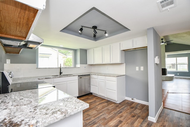 kitchen with a sink, a tray ceiling, electric range, visible vents, and dishwasher