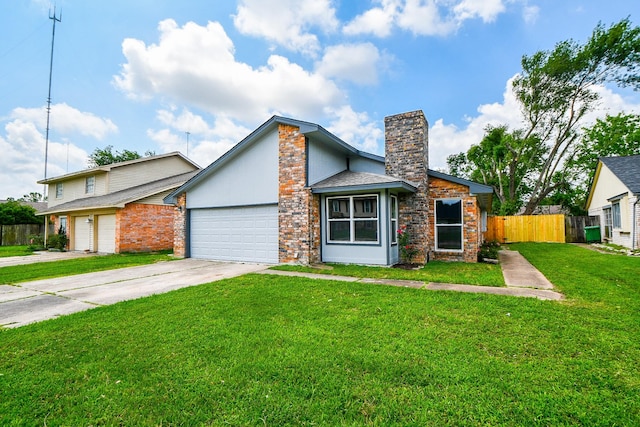 mid-century inspired home featuring a chimney, fence, an attached garage, concrete driveway, and a front lawn