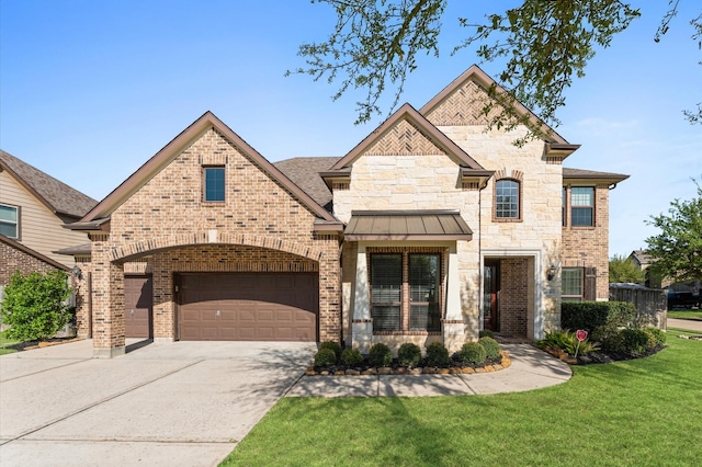 31183 Pecan Creek Dr, Brookshire, TX 77423 - french country home featuring brick siding, a front yard, and concrete driveway