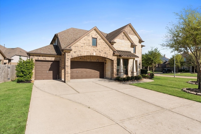 31183 Pecan Creek Dr, Brookshire, TX 77423 - french country inspired facade with brick siding, driveway, a shingled roof, and a front yard