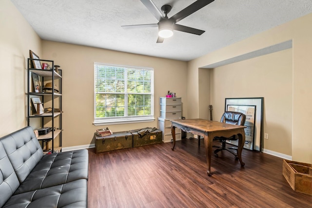 14854 Altair Ct, Willis, TX 77318 - office with baseboards, ceiling fan, a textured ceiling, and dark wood-type flooring