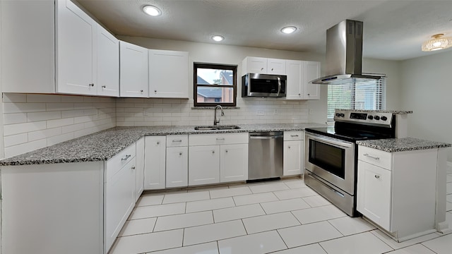 kitchen with island exhaust hood, a sink, plenty of natural light, and appliances with stainless steel finishes