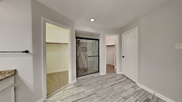 full bathroom featuring baseboards, vanity, a spacious closet, and a shower stall