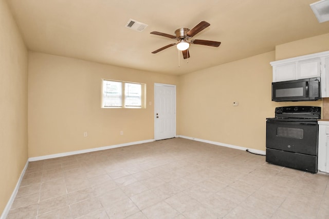 kitchen featuring visible vents, baseboards, ceiling fan, white cabinets, and black appliances
