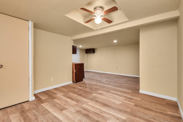 spare room with light wood-type flooring, recessed lighting, baseboards, and ceiling fan