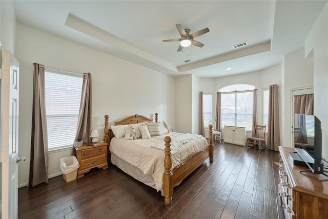 19106 S Rim Trl, Spring, TX 77388 - bedroom with a raised ceiling, multiple windows, dark wood-style flooring, and visible vents