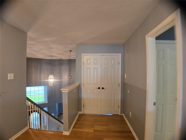 3905 Austin Lake Ct, Pearland, TX 77581 - hallway featuring baseboards, wood finished floors, and an upstairs landing
