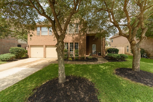 3905 Austin Lake Ct, Pearland, TX 77581 - traditional-style house featuring an attached garage, concrete driveway, a front yard, and brick siding