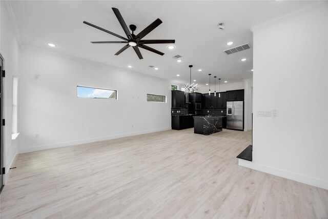 3020 Retta St, Houston, TX 77026 - unfurnished living room featuring crown molding, recessed lighting, a ceiling fan, and visible vents