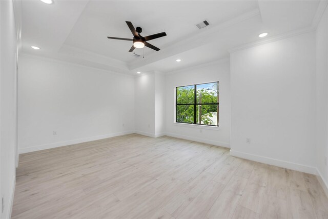 3020 Retta St, Houston, TX 77026 - spare room with a ceiling fan, visible vents, crown molding, a raised ceiling, and recessed lighting