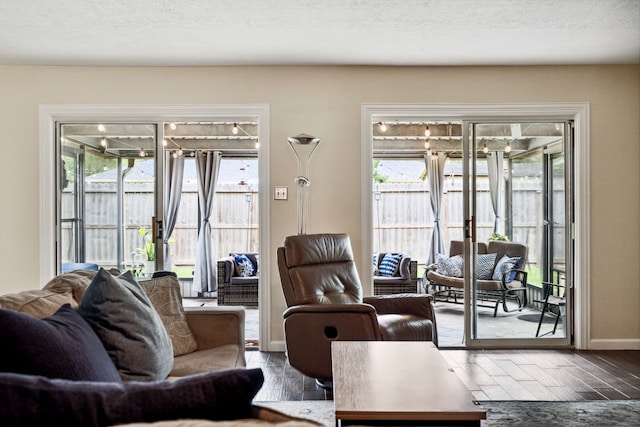 living room with wood finished floors, baseboards, and healthy amount of natural light