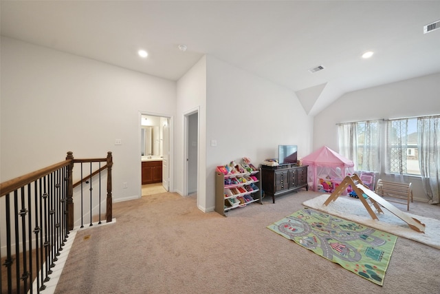 1202 Casal Springs Ct, Crosby, TX 77532 - playroom featuring visible vents, vaulted ceiling, baseboards, light carpet, and recessed lighting