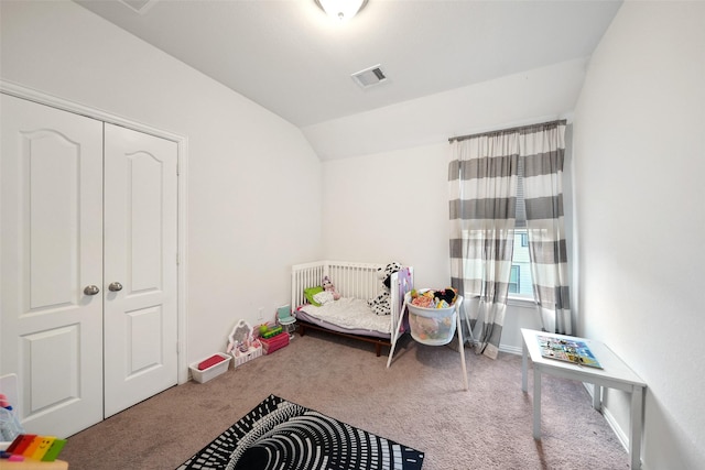 1202 Casal Springs Ct, Crosby, TX 77532 - carpeted bedroom featuring visible vents, baseboards, vaulted ceiling, and a closet
