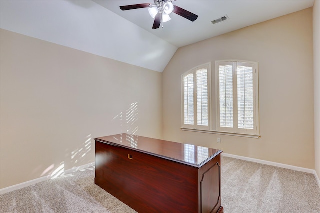 5507 Opal Cove Ct, Katy, TX 77494 - unfurnished office featuring ceiling fan, visible vents, vaulted ceiling, carpet floors, and baseboards