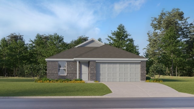 ranch-style home featuring an attached garage, brick siding, a front yard, and concrete driveway