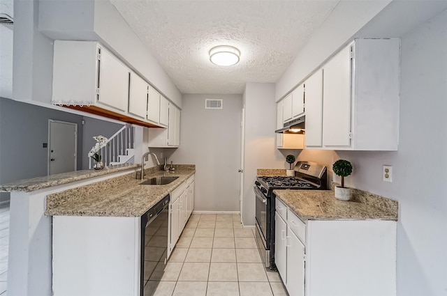 kitchen with a sink, dishwasher, stainless steel range with gas stovetop, under cabinet range hood, and visible vents