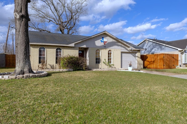 single story home with a front lawn, fence, brick siding, concrete driveway, and an attached garage